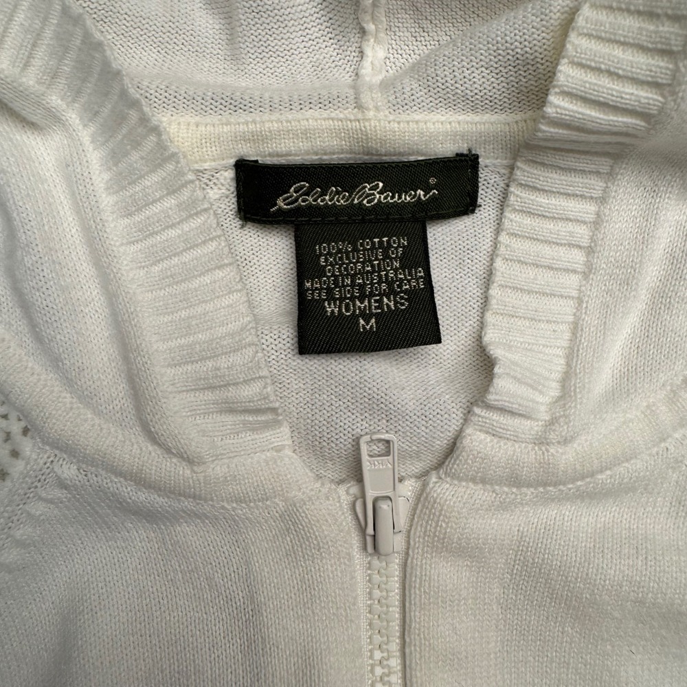 Eddie Bauer White Cotton Knit Zip Up Hoodie Sweater Women's M Mesh Detail - Picture 2 of 7